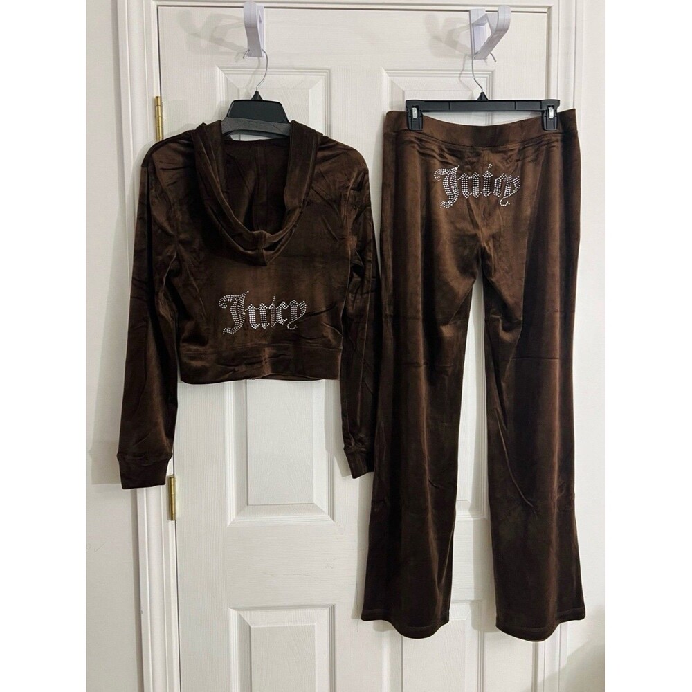 NWT Size Small Juicy Couture Bling Velour Tracksuit Hoodie & Pants Brown Sugar